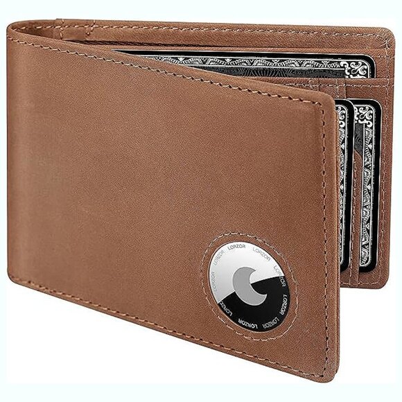 AirTag Wallet - Bifold Full Grain Leather Mens Air Tag Wallet , Retro Brown-b